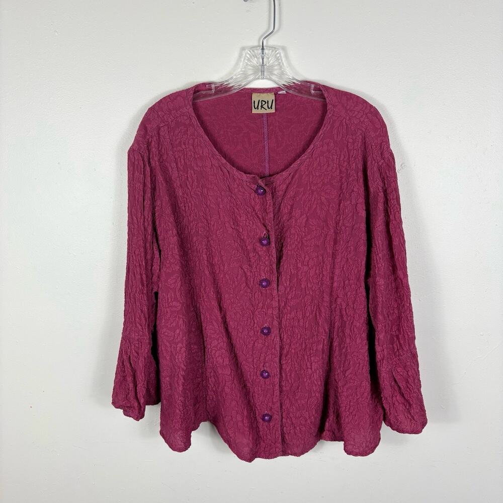 URU Top Women’s XL Berry Silk Textured Floral Jacquard Tunic Artsy Whimsical